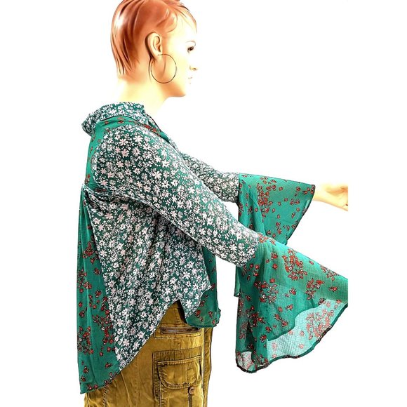 Free People New With Tags Emerald Combo Serena Bell Sleeve Top - Picture 3 of 6